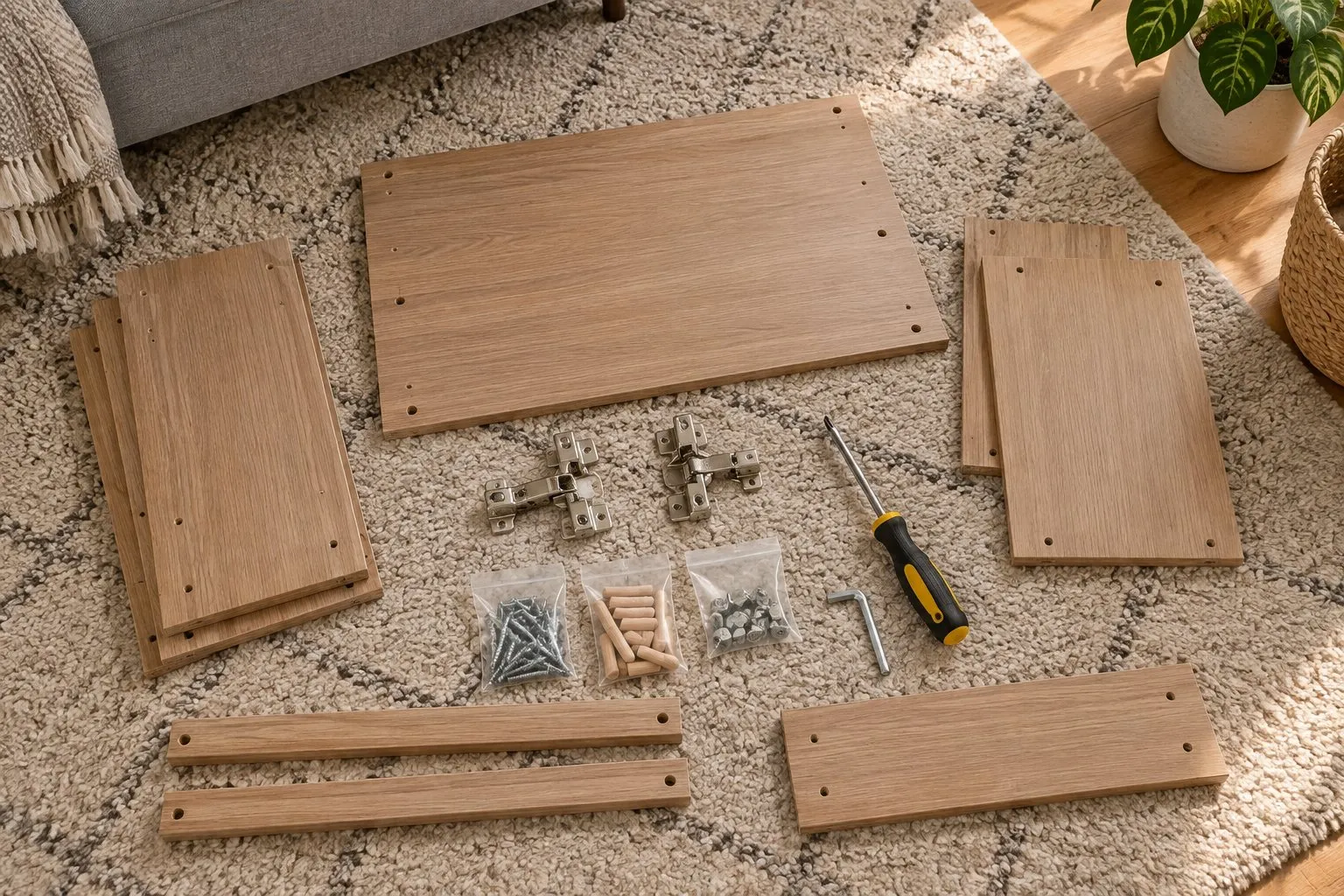 Unmontierte Möbelteile auf einem Teppich: Holzplatten, zwei Metallbeschläge, Tütchen mit Schrauben und Dübeln, Schraubendreher und Inbusschlüssel