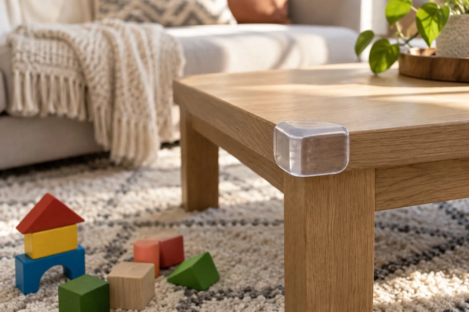 Ecke eines niedrigen Holztischs mit durchsichtigem Kantenschutz, daneben Holzbauklötze auf dem Teppich