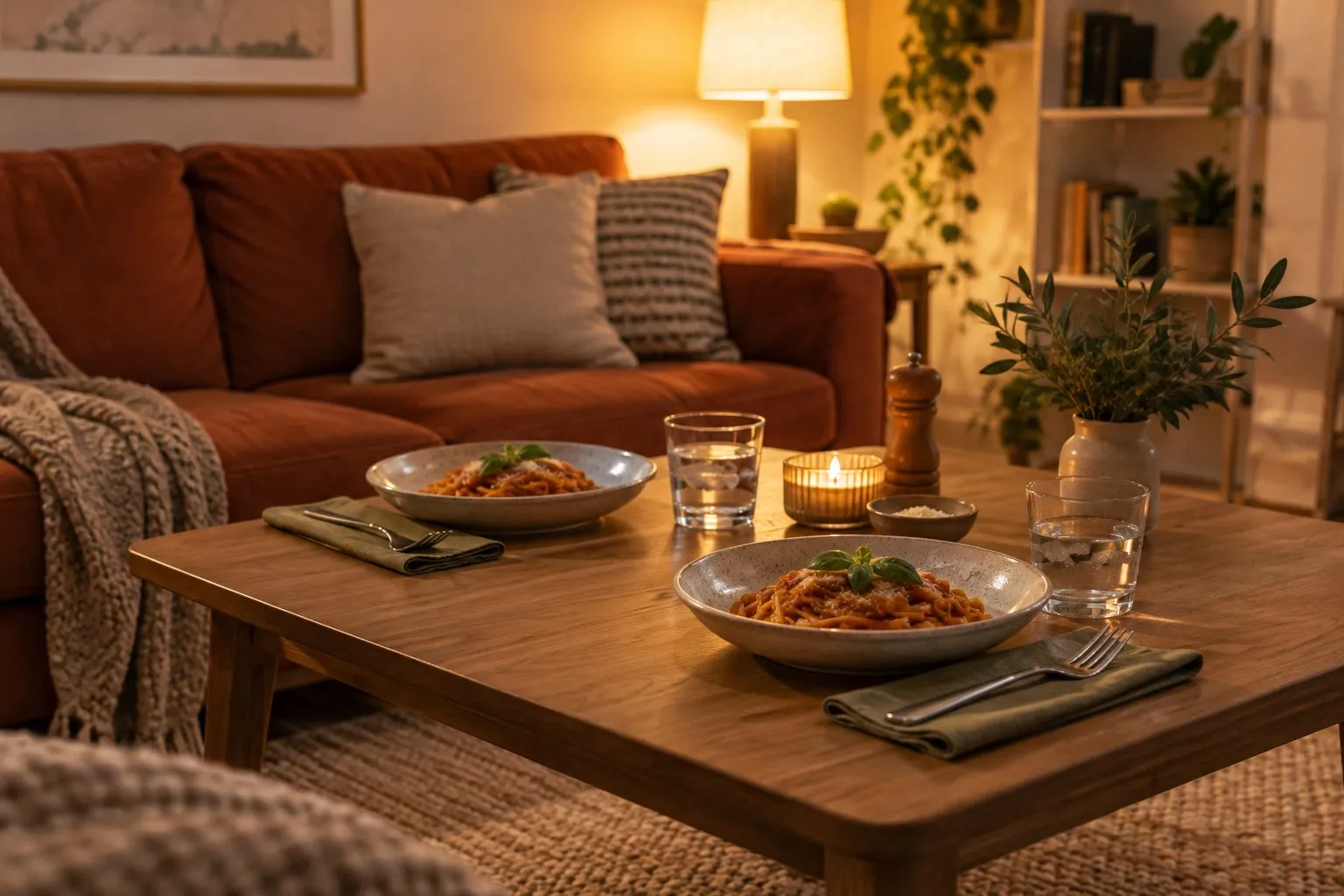 Zwei Teller Pasta, Wassergläser und Besteck auf einem Holz-Couchtisch vor einem terrakottafarbenen Sofa, warmes Lampenlicht