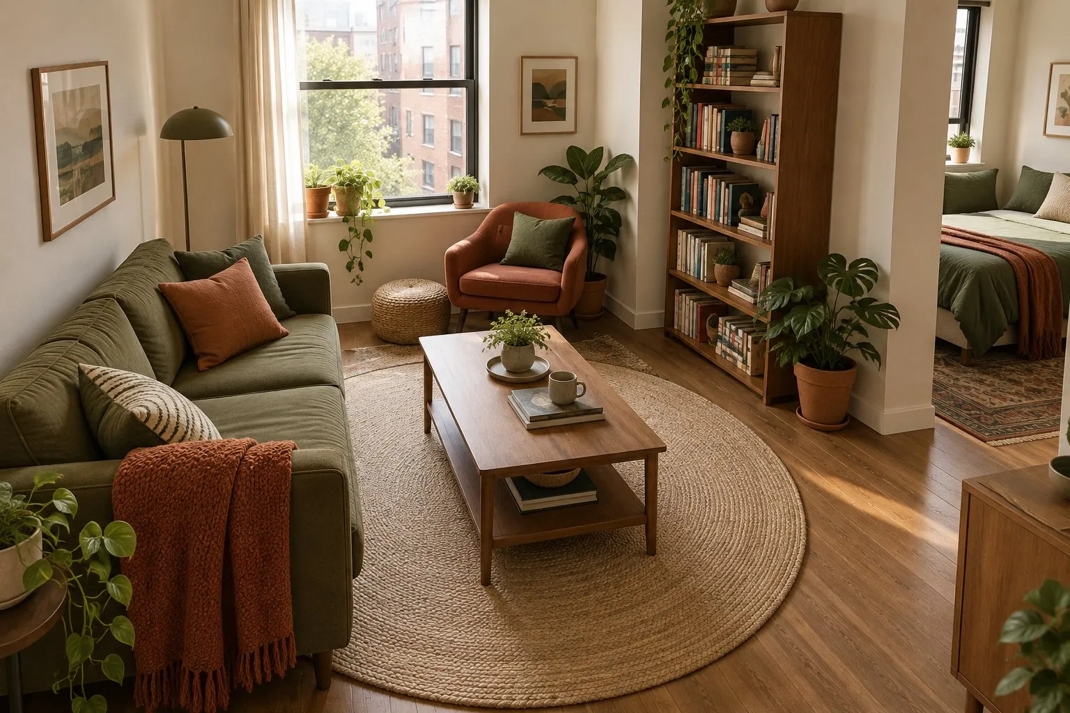 Kleines Wohnzimmer von schräg oben: olivgrünes Sofa, rechteckiger Holz-Couchtisch auf rundem Teppich, Bücherregal, keine Essecke
