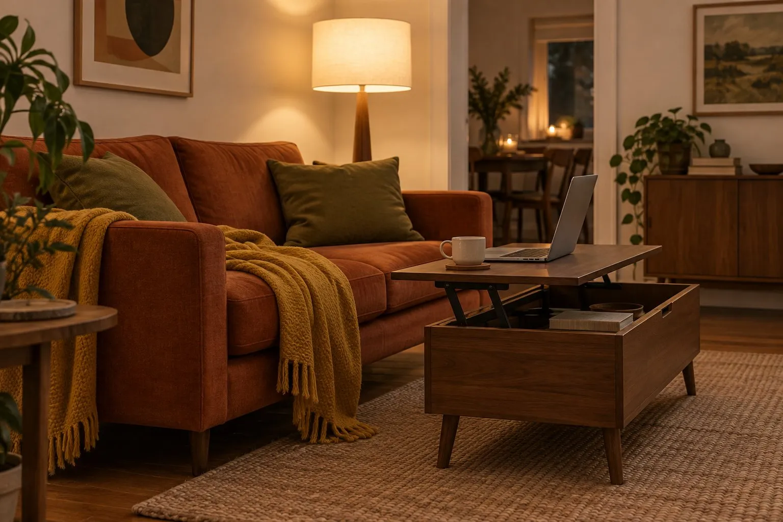Wohnzimmer am Abend: rostrotes Sofa, davor ein Holz-Couchtisch mit hochgestellter Platte, darauf ein aufgeklappter Laptop und eine Tasse